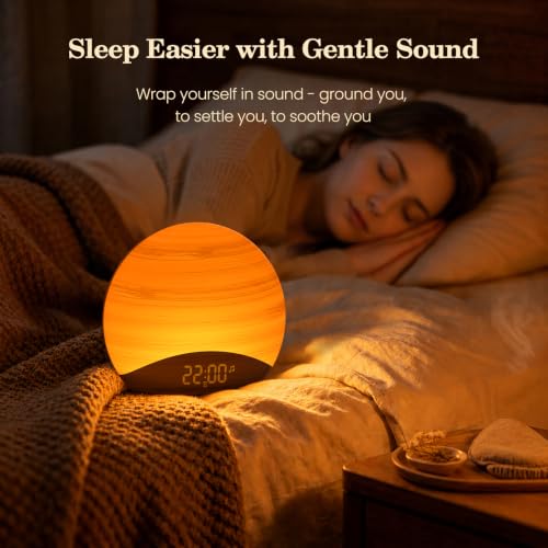 Image of REACHER Natural Wood Grain Sound Machine Sunrise Alarm Clock，26 Nature Inspired Sleeping Sounds, 0-100% Dimmable Clock, Night Light,Brown /Pink /White Noise Sound Machine for Babys, Kids, Adults