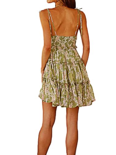 Image of kinstell Women's Boho Spaghetti Strap Ruffle Square Neck Bowknot Backless Sleeveless Elegant Flowy Mini Short Skater Dresses