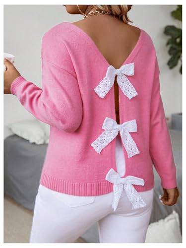 Image of GORGLITTER Women's Plus Bow Lace Open Back Sweater Long Sleeve Knit Fall Coquette Pullover Tops Pink 3X-Large Plus