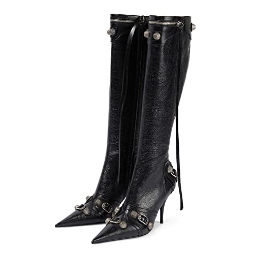 Oiamenne Knee High Boots for Women Fashion Slide Zipper Pointed Toe Stiletto Studded High Heel Rivets Tassel Boots Party Dress Shoes