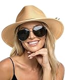 FURTALK Sun Hats for Women Summer Wide Brim UV UPF 80+ Panama Fedora Foldable Packable Straw Beach Hat Khaki