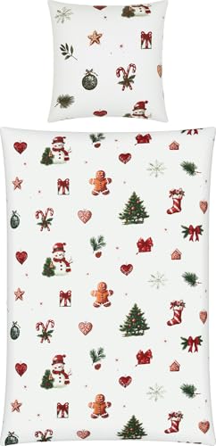 Erwin Müller Edelflanell Bettwäsche Lebkuchenmännchen, Tannenbaum, Schneemann, Weihnachten weiß Größe 80x80 cm / 135x200 cm - kuschelige Wärme, temperaturausgleichend, mit Reißverschluss