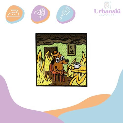 Urbanski Patch Hund in brennendem Haus Dog in burning House this is fine #2 zum Aufbügeln 7,3 x 7,3 cm | Aufnäher Applikation Bügelbild