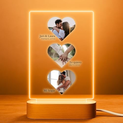 Cristal Plaque Lamparas Personalizadas 3 Fotos en Forma de Corazón con Luz Led USB y Texto Especial Lampara para Fotos Regalo Aniversario Pareja Metacrilato Transparente
