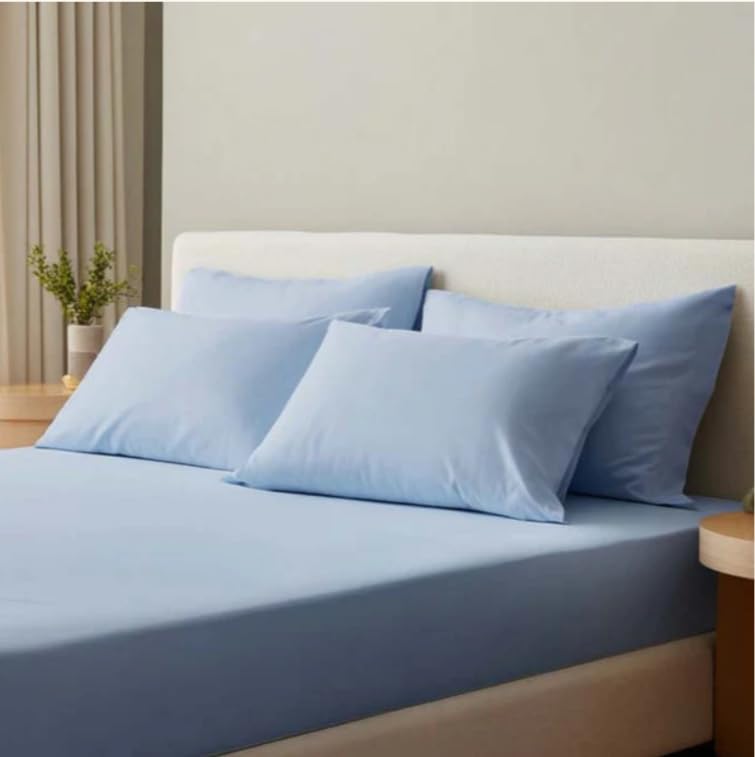 Image of Blue Summer Queen Fitted Percale Temperature Regulating Bedsheet Set - 100% Cotton, Soft Fitted Bedsheet 80x60 in + Pillow Covers 18x27 in, Lightweight Bed Linen for All Seasons