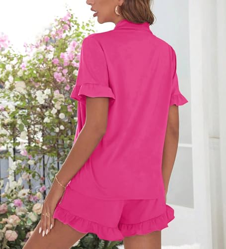 Image of SWOMOG Woman Pajama Set Short Sleeve Pjs Set 2Pcs Short Pajamas Button Down Ruffle Hem Sleepwear Soft Modal Loungewear