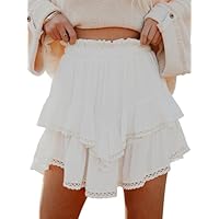 Aoudery Flowy Shorts for Women Casual Boho Ruffle Tiered Skorts High Waist Mini Skirts Golf Tennis Butterfly Crochet Shorts - A White XXL