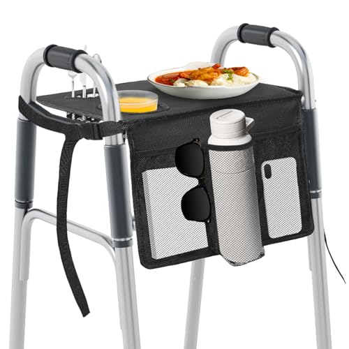 DJAPWPX Folding Walker Tray with Multi Pocket, Practical Senior Walker Tray with Nonslip Mat Cup Holder, Easy Install for Elderly
