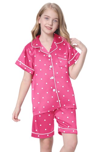 Image of Schbbbta Girls Womens Pajamas, Satin Silky Pjs Set Kids 2Pcs Button-Down Nightwear Sleepwear Gift for Mommy and me