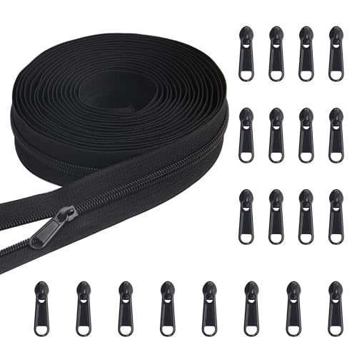 YAKA 5 Yards Bulk Zippers #5 Nylon Coil Zippers for Sewing Black Nylon Coil Zipper with 20pcs Zipper Sliders Repair Kit for Jackets Luggage Backpack DIY Sewing Tailor Craft Bags and Clothing