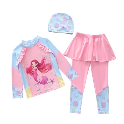 Traje de baño de Manga Larga para niñas, Dos Piezas, Top Protector contra erupciones y Falda de baño, Parte Inferior con protección Solar UPF 50 (3-4 Years)