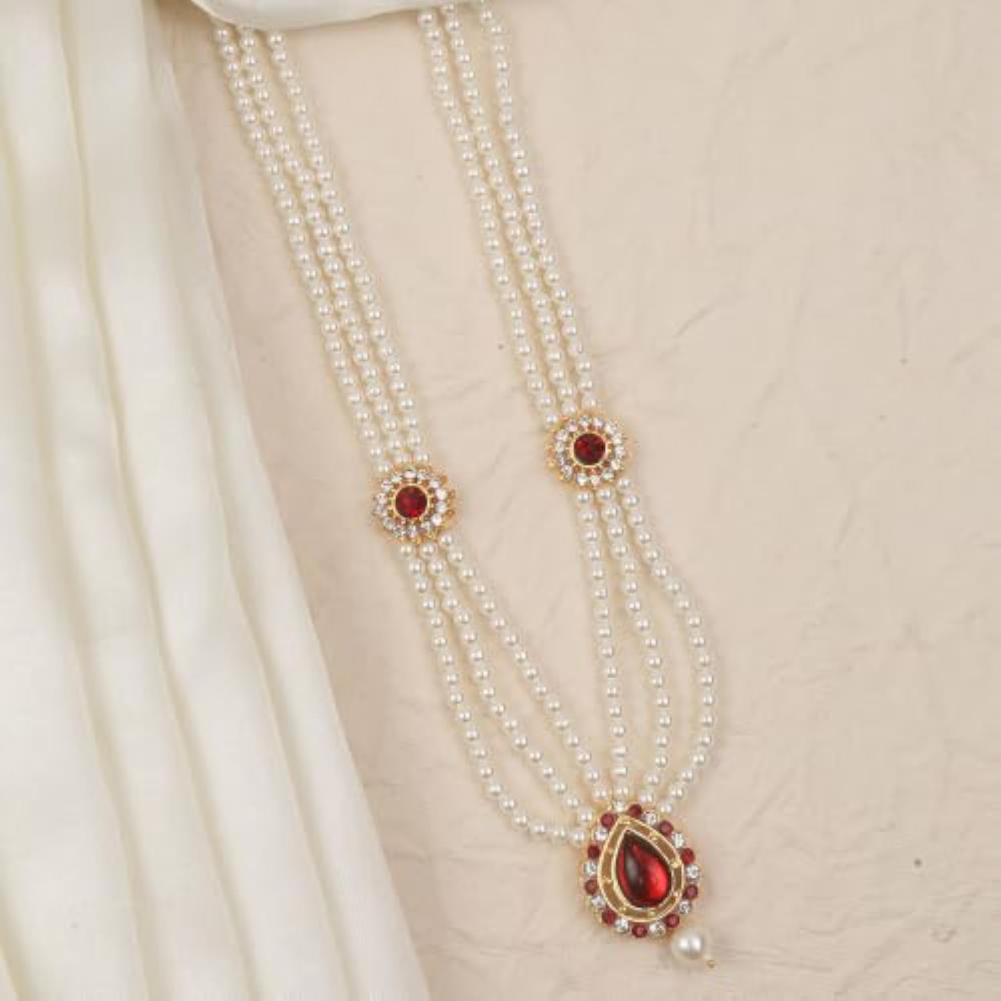 Three Layer Mala Necklace with Red Stone Drop Pendant for Ganpati Bappa