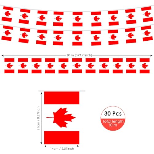Image of AhfuLife 33 Ft Canada Small Flags Banner for World Cup Decoration 2026, 30 Pcs Mini Canadian Bunting String Flags - Double Sided for National Day Sports Garden Party Celebration Decor (5.5x8.3 Inch)