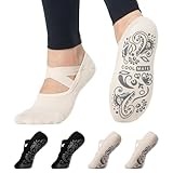 CoolMate Pilates Socks with Grips for Women, Yoga Socks, Crew Non Slip Women for Barre, Pilates Gifts (US, Numeric, 6, 10, Regular, Regular, A-01a. 2 Pairs Barre Black/Beige)