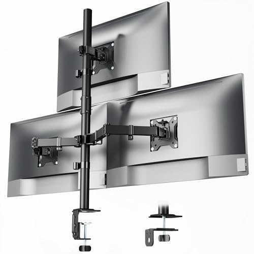 monTEK Monitor Halterung 3 Monitore für Bildschirme bis 17–32 Zoll und 10KG Tragkraft pro Arm, Voll Verstellbare Tischhalterung, Stabiler Monitorarm mit Tischklemme und Tischdurchführung, VESA 75/100
