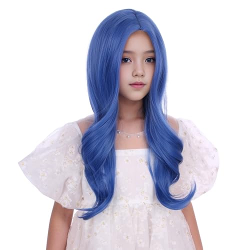Image of Girls Dark Blue Wig Kids Long Deep Blue Wavy Curly Wig Child Middle Part Wigs Heat Resistant Synthetic Hair with Cap