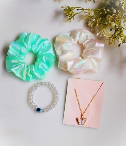 Image of Gift Hamper Combo for Women & Girls 2 Scrunchies, 1 Butterfly Neck Piece, 1 Evail-Eye Heand Breaclate with Box(Green & White)