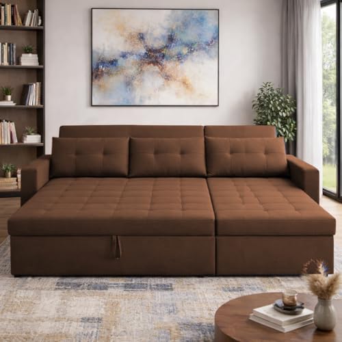 Image of Emilio 4 Seater RHS L - Shape Pull-Out Sofa Cum Bed Sofa for Living Room (Brown Fabric Color) Premium Fabric Sofa Set for Living Room Sofa Cum Bed