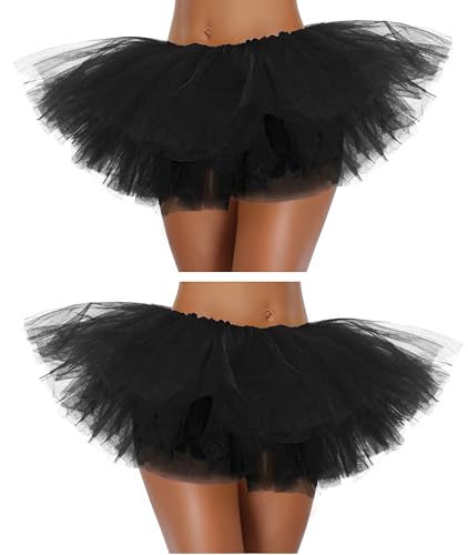 G&J Online Tutu Skirt for Women Adult Classic Elastic 3 4 5 Layered Tulle Party Marathon Dance Costume Skirts (One Size, 2Pack-5Layer-Black, one_Size)