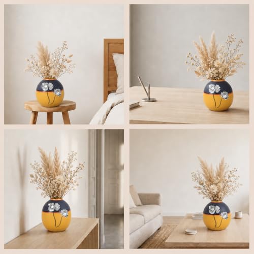 Image of Aakriti Art Creations Sunset Flower Terracotta Matki Vase (5x5x6) | Handmade Floral Art Decorative Vase | Matte Finish Yellow Flower Vase for Living Room Decor, Table Decor, Shelf Decor & Gifting