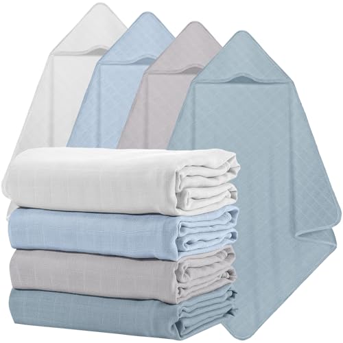 Image of Preboun 4 Pcs Muslin Hooded Baby Towels,32"x 32" Cotton Newborn Bath Towel Muslin Infant Baby Blankets Absorbent Unisex Newborn Registry Gift for Girls Boys(Blue Series)