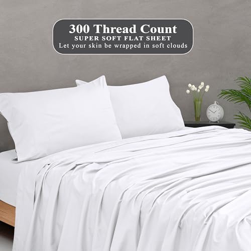 Image of Royale Linens 300 Thread Count 100% Long Staple Combed Cotton Flat Sheet - Super Soft - Top Sheets - California King Flat Sheet Sold Separately - Breathable, Cool & Crisp Sheets Only (Cal King, White)
