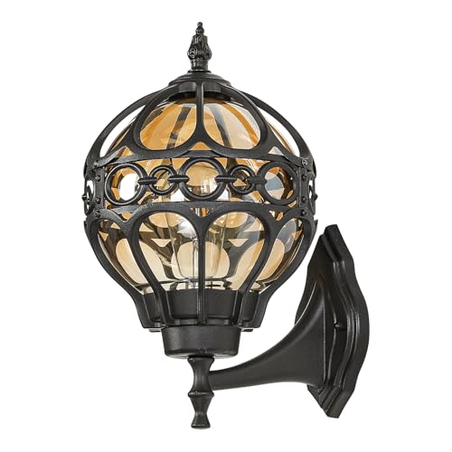 Outdoor Wall Lights, Black Globe Porch Light, Spherical Aluminum Exterior Lighting Fixtures for Patio Yard Doorway Garage, Anti-Rust Waterproof Globe Outside House Lantern Wall Mount with Amber Glass