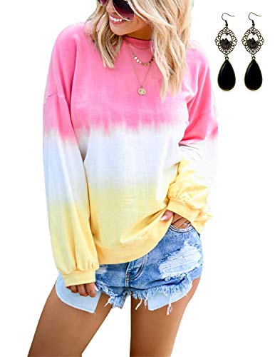 BUOYDM Mujer Camisetas Algodón Manga Larga Gradiente Color Camisas Casual Cuello Redondo Tops Rojo S