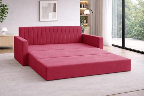 Image of Rosebell Foldable Sofa-Cum-Bed | 3-in-One Convertible Couch with Armrest | Modern Fabric Sofa for Living Room, Bedroom & Office-Red-Color