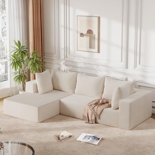 107'' Modular Sectional Sofa Couch for Living Room, Deep Seat Boneless Cloud Couch with L-Shaped Chaise, Corduroy Upholstered for 4-6 People, No Assembly Required (Beige)