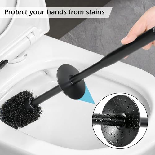 Image of Toilet Bowl Brush and Holder Long Handle Toilet Brush for Bathroom | Wall mount stainless steel toilet brush holder with a splash guard Easy to Clean for Domestic Deep Cleaning Under Rims,Black