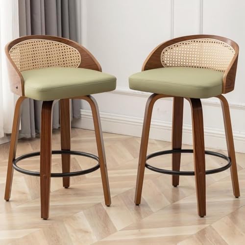 Image of 24.8 inch Swivel Rattan Bar Stools Set of 3,Mid-Century Modern Green Leather Upholstered Counter Height Stools,Kitchen Island Barstools with Rattan Low Backrest,Walnut Wood Finish Bar Chair