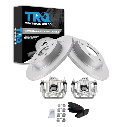 Image of TRQ Rear Brake Pad and Rotor Set Ceramic Coated Solid Rotors Calipers