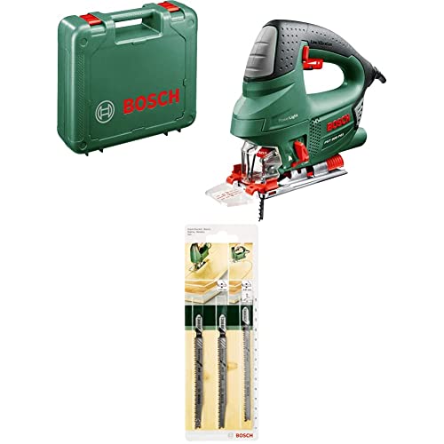 Bosch Stichsäge PST 900 PEL (Hubzahl bei Leerlauf 500 bis 3100 U/min, in Kunststoffkoffer) + 3tlg. Stichsägeblatt-Set Extra Clean for Hard Wood zum Sägen in Hartholz