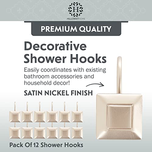 Hillcrest Home Shower Curtain Hooks Set Of 12 - Square Diamond Shower Hooks Design, Easy Slide & Rust Proof, Decorative Shower Curtain Hanger, Durable Bathroom Curtain Hooks - Satin Nickel Finish #TOP4