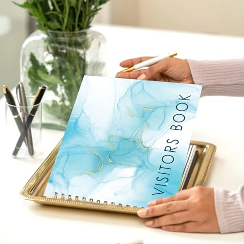 Image of Visitor Book - 8 x 12 Inches | Blue Ink Pattern Wire Bound Guest Register for Hotels, Offices, Exhibitions & Business Use | Medium Size Visitor Log Book for Reception & Front Desk