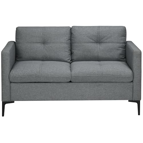 HOMCOM Canapé 2 Places 133 cm Style Contemporain avec 4 Coussins piètement Acier Noir revêtement Tissu Aspect Lin Gris foncé