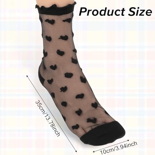 4 Pairs Sheer Socks, Lace Heart Socks Black Ruffle Ankle Sock for Women Transparent Heart Stripe Stocking Mesh Lace Hollow Stockings Thin White Stripe Sock for Summer Breathable Elastic2