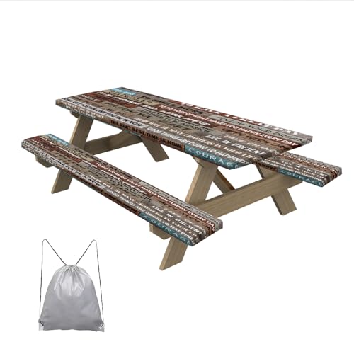 Inspirational Quotes Picnic Table Cover with Bench Covers Vintage Rustic Rectangle Table Cover Outdoor Patio Camping Essentials 96 inch 3PCS Camping Fitted Tablecloth with Drawstring Bag