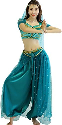 MISI CHAO Belly Dance Jasmine Costume - Aladdin Halloween Outfit Princess Costumes Teal for Women/Girls