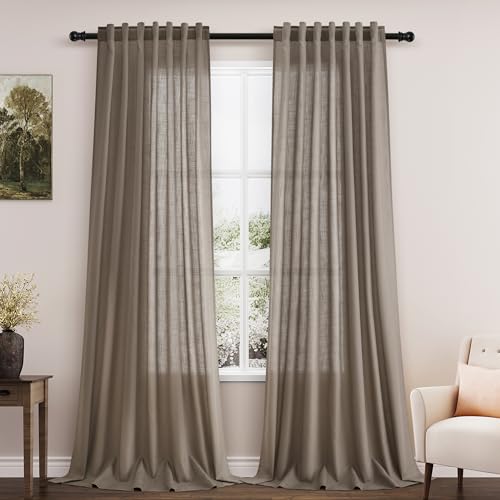 Image of Dark Taupe Linen Curtains 120 Inch Extra Long for Living Room Back Tab Light Filtering Semi Sheer Drapes Modern Farmhouse Boho Decor Cotton Textured Curtain for Floor to Ceiling High Window 52x120