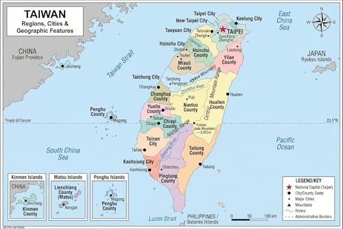 JELLY BEAN GENIUS Taiwan Map Poster for Kids - Educational Geography Wall Art with 22 Divisions, Capitals & Major Cities - Laminated Double-Sided (Color Map + Blank Practice) - Classroom & Homeschool