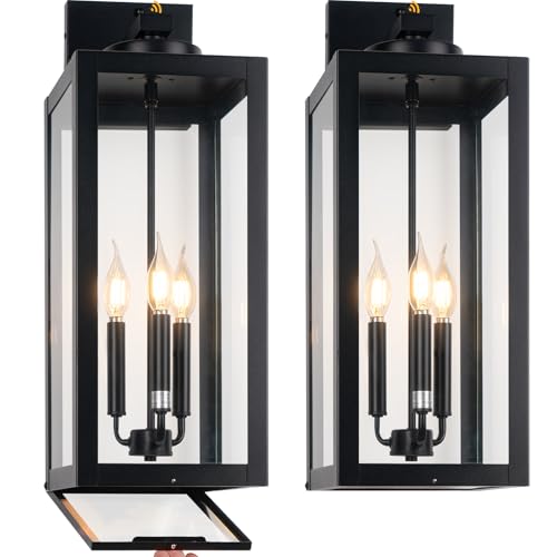 Image of 24 inch Extra Large Dawn to Dusk Outdoor Light Fixture Closed Bottom 3-Light | Black Modern Outdoor Wall Lights, Waterproof Outside Wall Sconces with Tempered Glass Coach Light for House, E12, 2-Pack