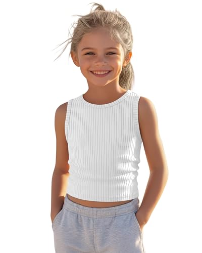YooAurvox Girls Tank Tops Ribbed Crew Neck Sleeveless Undershirts Wide Strap Camisole Kids Basic Stretchy Summer Shirts(White 11-12 Years)