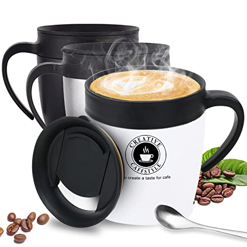 Taza de viaje con aislamiento de 350 ml con asa y tapa, taza de café al vacío de doble pared con cucharaditas, taza de café reutilizable personalizada, 12 onzas, color blanco Cover