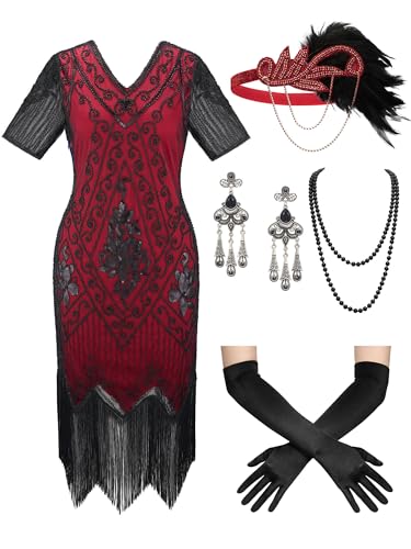 SWEETV Women's Flapper Dresses 1920s Fringed Sequin Great Gatsby Dress with 20s Accessories -Harlem Nights Costumes Red X-Large