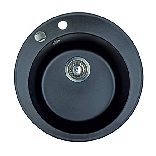BRENOR Vela, runde Granitspüle, Single Schüssel Waschbecken mit Pop Up Ablaufgarnitur, Größe Ø 49 x 19 cm, schwarz Cover