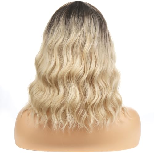 Image of BERON Blonde Ombre Short Wigs Curly Shoulder Length Wig with Bangs Ombre Color Wavy Hair Wigs 35 cm /14 Inch Women's Synthetic Wigs Daily Party Use