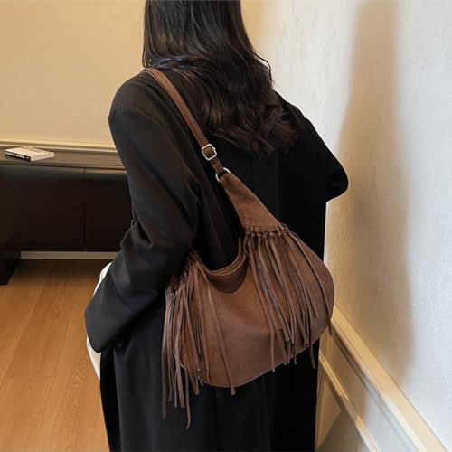 Image of Women Vintage Suede Fringe Hobo Bag Tote Shoulder Bag Crossbody Bag and Hippie Western Cowgirl Purse Shoulder Bag