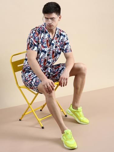 Image of SHOWOFFFF Men Printed Two-Piece Co Ords | Cuban Collar Half Sleeves Cotton Co-Ords for Mens | Mid-Rise Relaxed Fit Regular Length Co-Ord for Men's